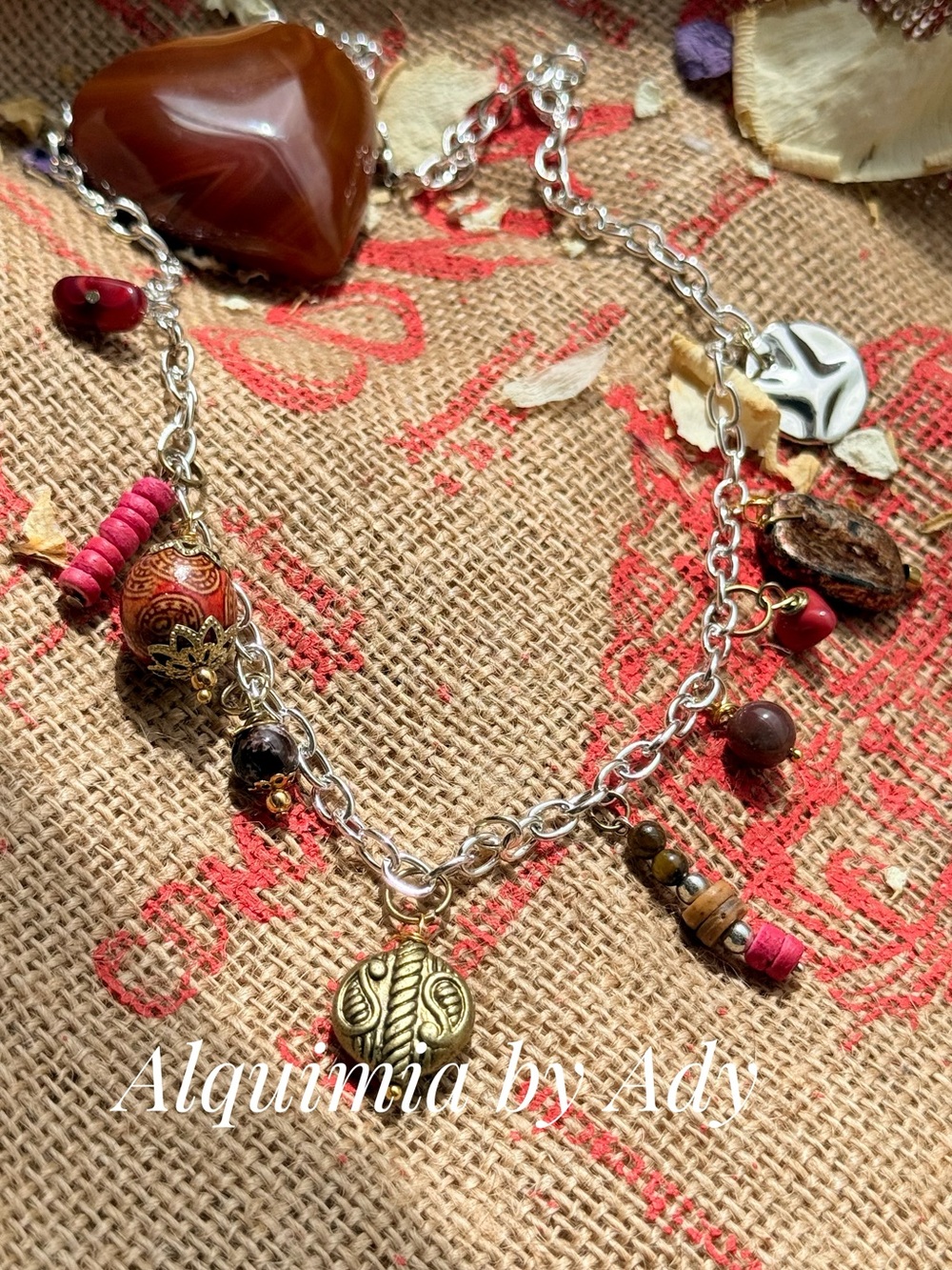Alquimia Mixed-Bead Necklace with Gold Pendant and Red Accents